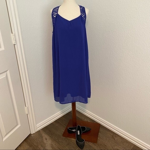 UA LA Cut Out Lattice Detail Dress Sleeveless Sexy Blue Purple Silk Midi SZ L - Picture 6 of 10
